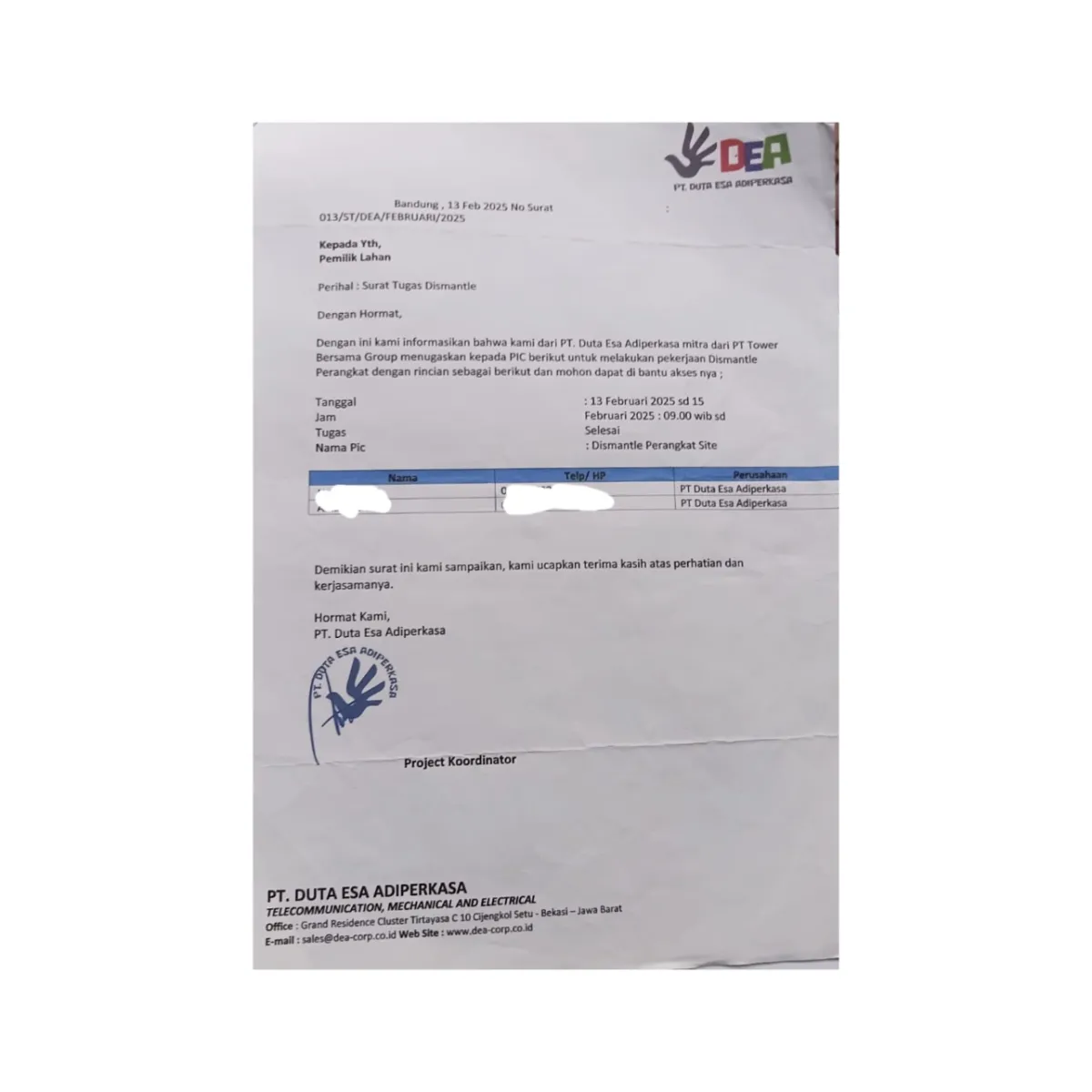 surat informasi dari PT.DEA pemilik tower